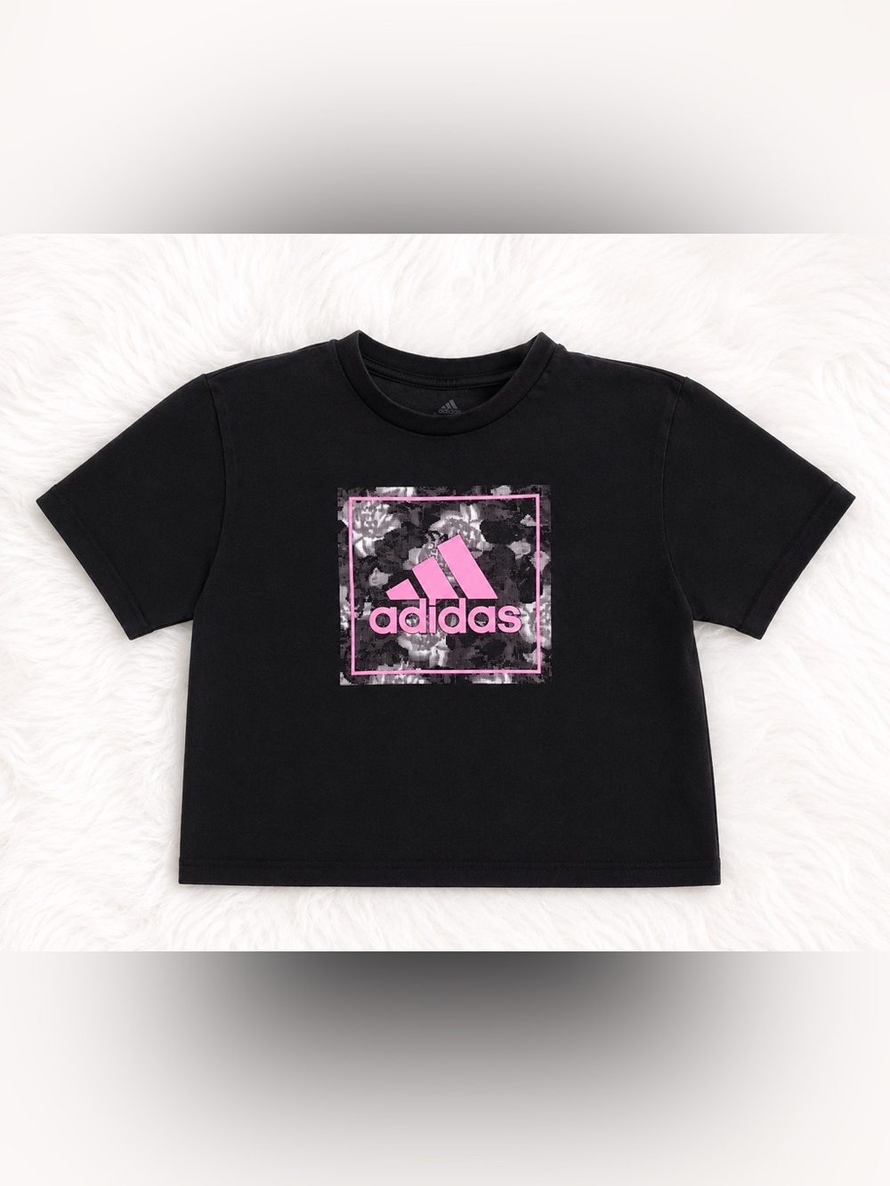 Adidas Women’s XS Black Cropped Graphic Tee | Pink Logo Athletic Athleisure Crop - Picture 1 of 1